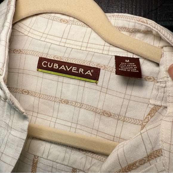 Cubavera Large Stone Beige+ Tan Aztec Plaid Khaki Trim Linen Rayon BD Shirt M - Picture 8 of 10